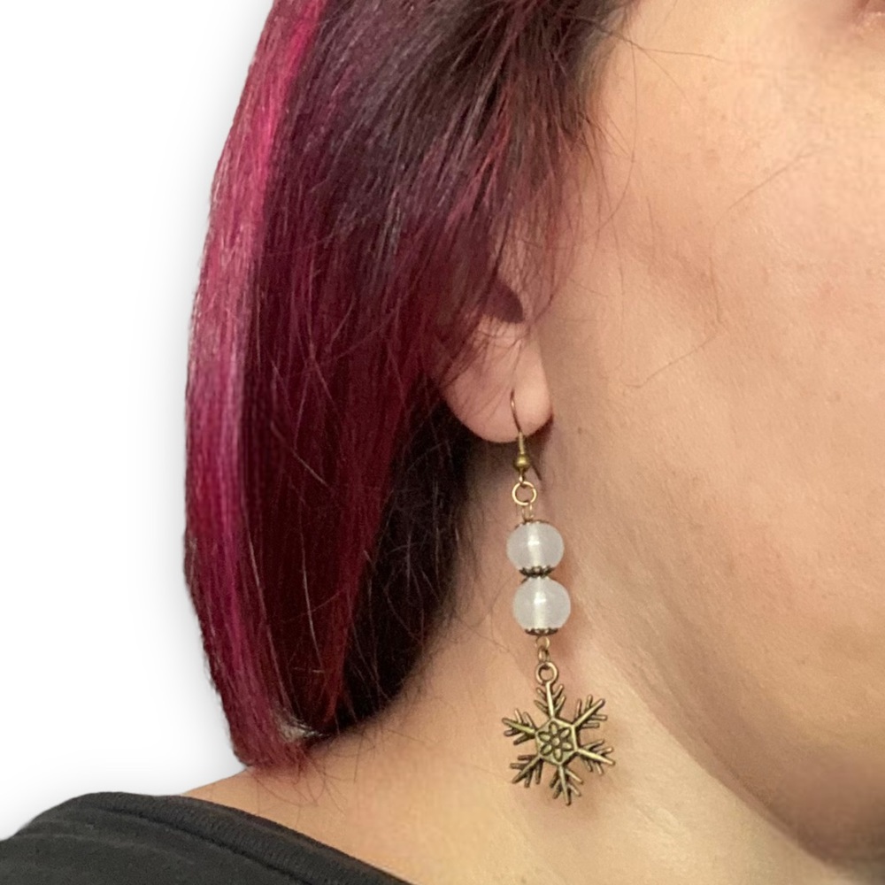 Hand Crafted Snowflake & Snow Ball Earrings Dangle Brass Holidays Pierced - Picture 7 of 8